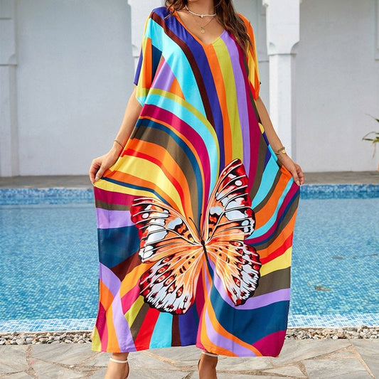 Contrast Color Butterfly Printing V-Neck Short Sleeve Long Beach Dress Bikini Cover-Up