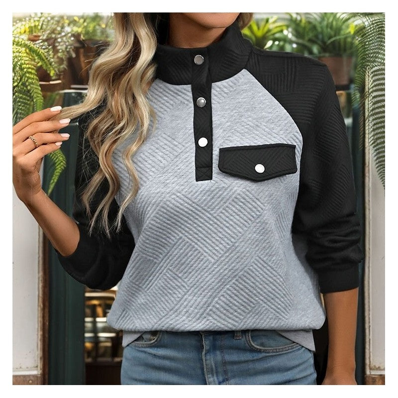 Casual Contrast Color Block Stand Collar Sweatshirt