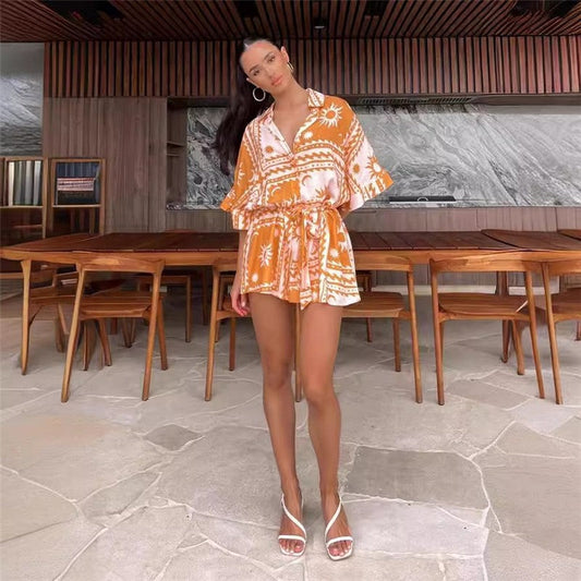 Geometric Print Romper With Waist Tie