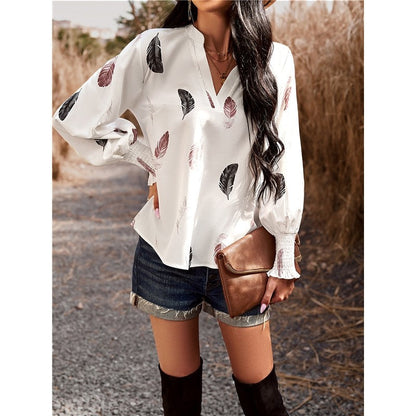 Long Sleeves V-Neck Printing Casual Loose Pullover Blouse Top