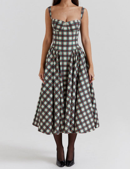 Vintage Plaid Pleated Spaghetti Dress
