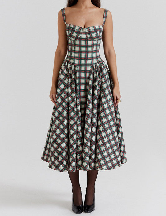 Vintage Plaid Pleated Spaghetti Dress