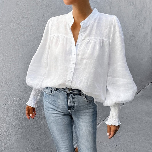 White Small Standing Neck Bubble Sleeve Top