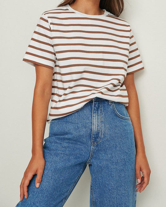 Round Neck Striped Loose Short Sleeves Top