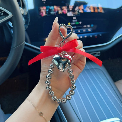 Creative Bow Silver Bead Heart Keychain