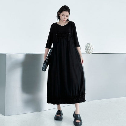 Mesh Panel Pleated Strapless Loose Fit Maxi Dress