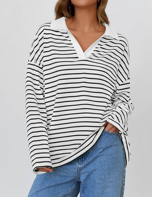 Lapel Striped Color Block Pullover Sweatshirt