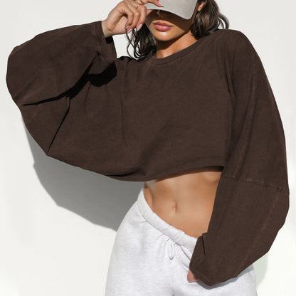 Casual Solid Color Crew Neck Cropped Sweatshirt