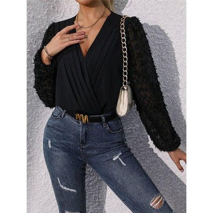 Black V-Neck Elegant Woven Jacquard Lace Sleeves Jumpsuit