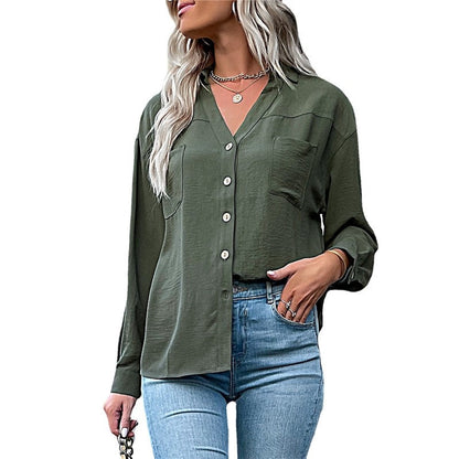 Army Green Casual Lapel Buttoned Blouse