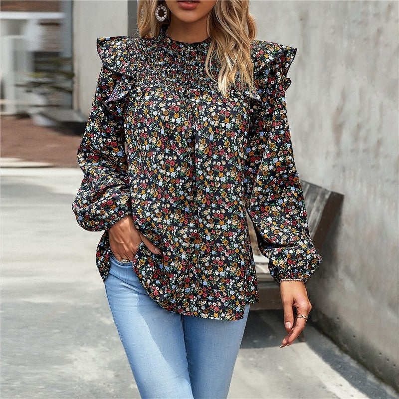 Crewneck Long Sleeves Floral Printed Casual Loose Blouse