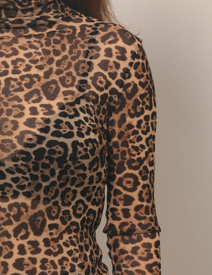 Leopard Print HIgh Collar Slim Fit Sexy Mesh Top