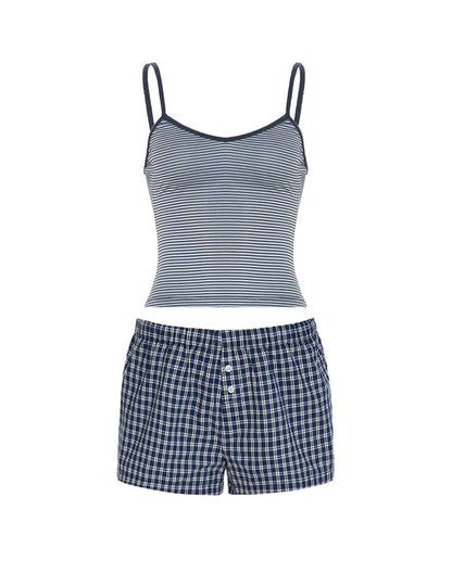 Simple Striped Spaghetti Strap Shorts Set