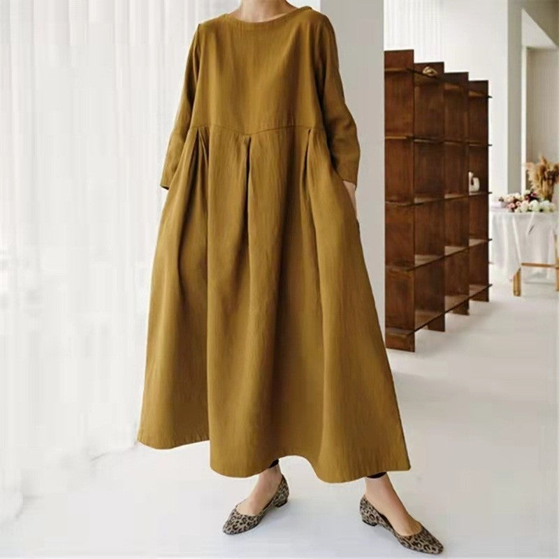 Solid Color Long Sleeve Crewneck A-Line Large Hemline Casual Loose Maxi Dress