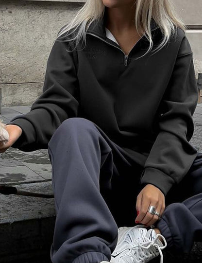 Casual Half Zipper Collared Long Sleeve Top