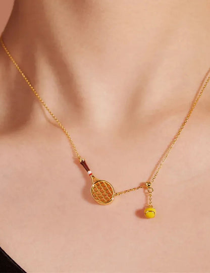 Funny Gold Plated Tennis Racket Ball Necklace