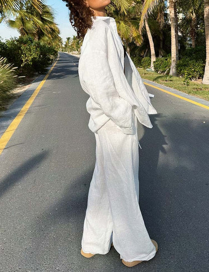 Solid Color Casual Shirt Pant Set