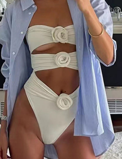 Solid Color Strapless Hollow Out Flower Sexy Swimwear