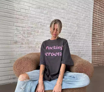 Round Neck Print Loose Short Sleeves Top