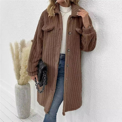Women's Long Solid Color Plush Coat With Lapel