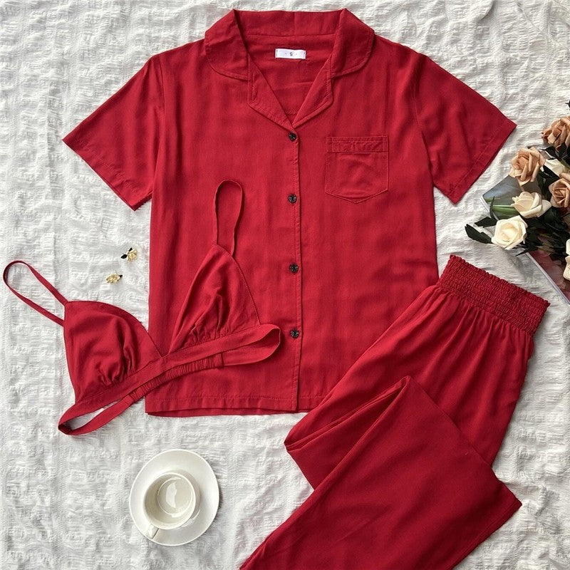 Solid Color Short Sleeve Cardigan Home Wear Three-Piece Set
