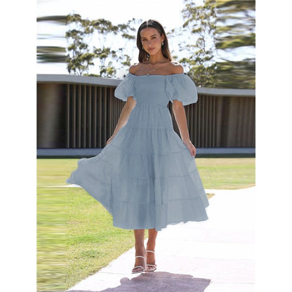 Boat Neck Puff Sleeve Elastic Waist A-Line Long Dress