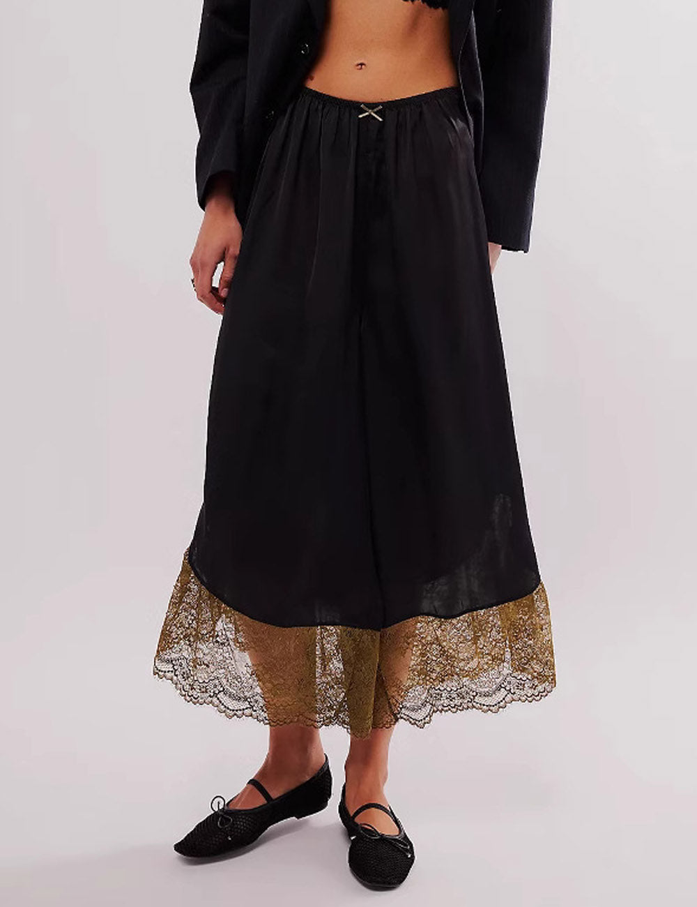 Casual Solid Color Lace Splice Satin Pants