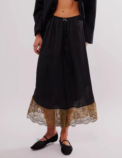 Casual Solid Color Lace Splice Satin Pants