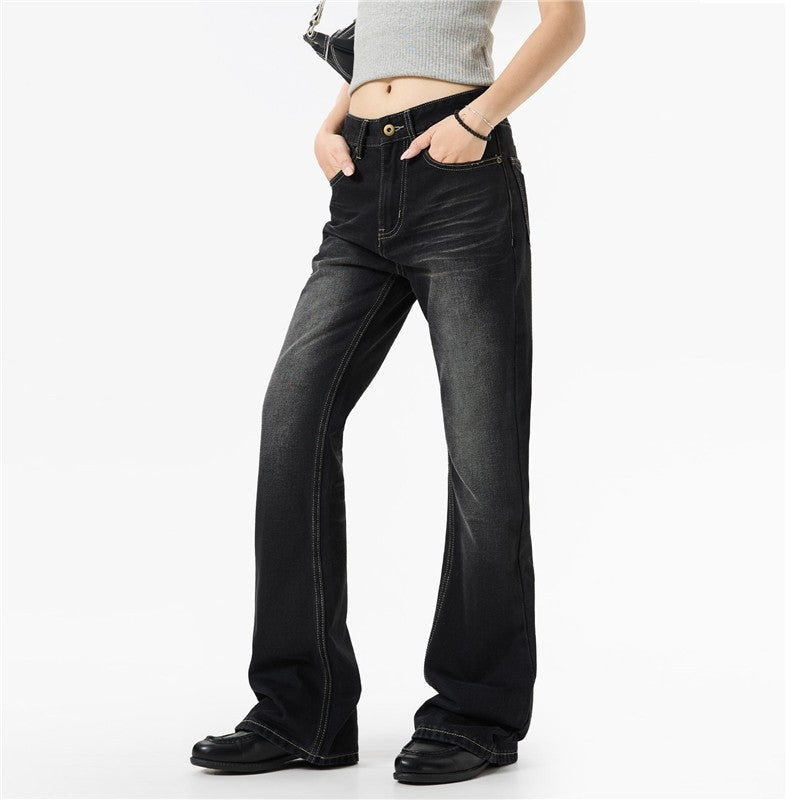 Pleated Flared Jeans Retro Cat Whisker Texture