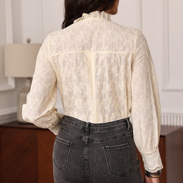 Embroidered Lace Ruffled Button Down Shirt