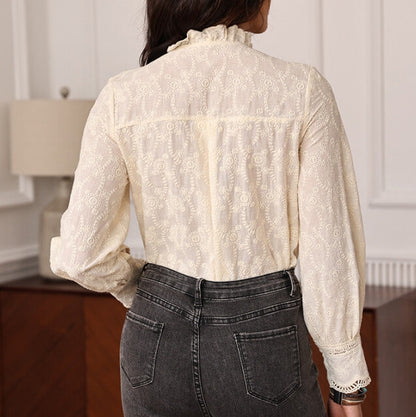 Embroidered Lace Ruffled Button Down Shirt