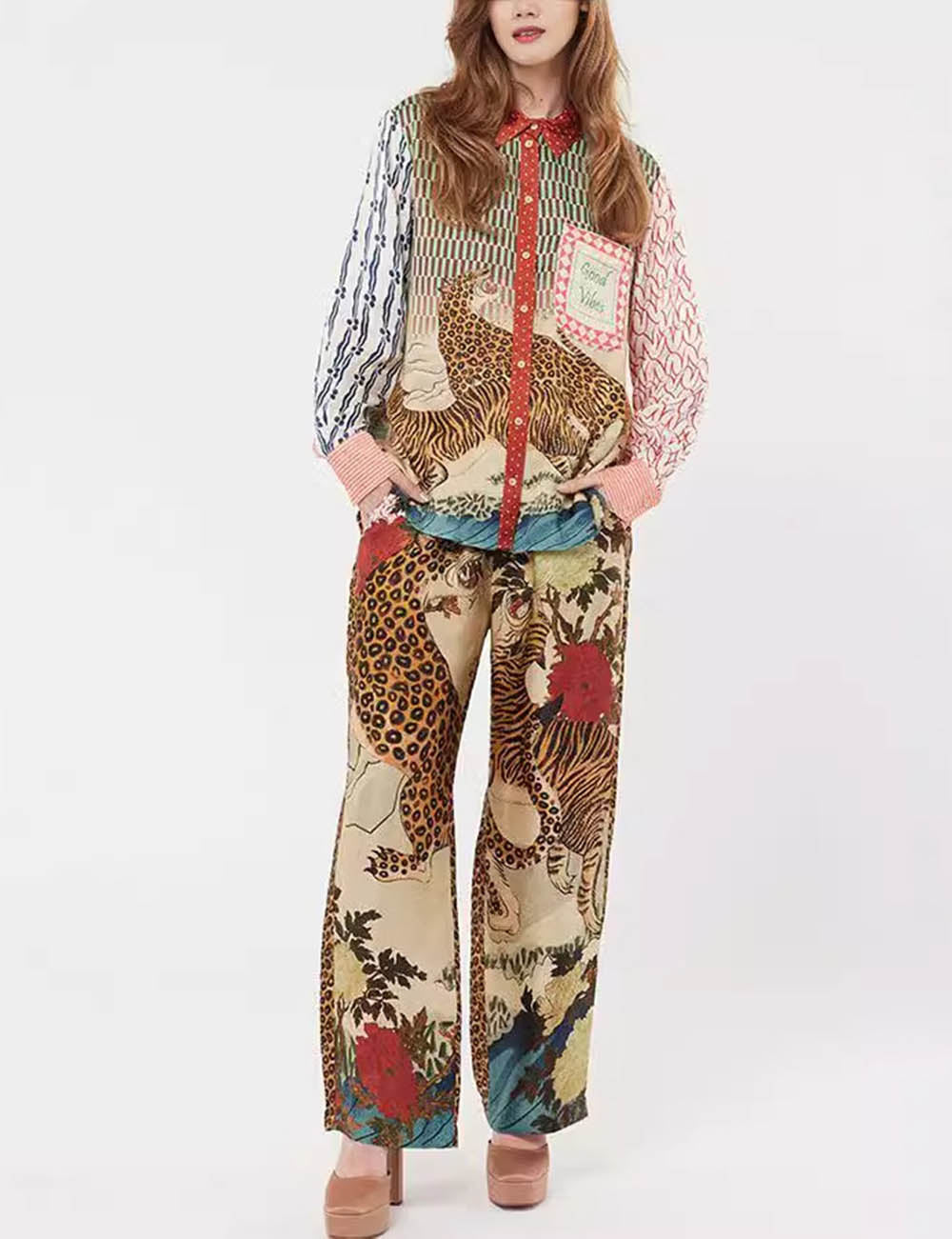 Leopard Print Lantern Sleeves Casual Set