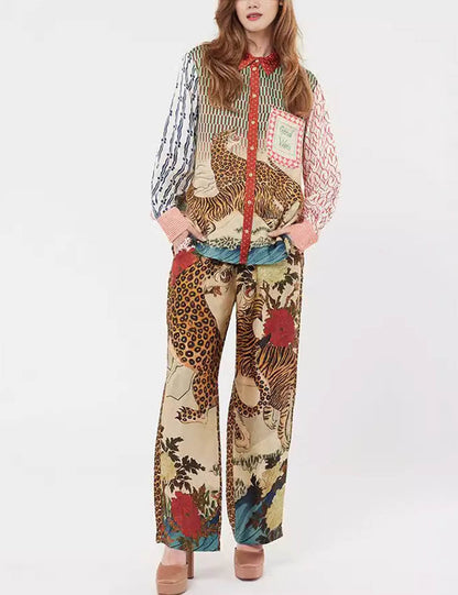 Leopard Print Lantern Sleeves Casual Set