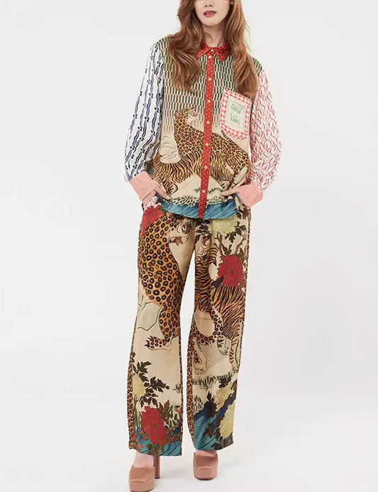 Leopard Print Lantern Sleeves Casual Set