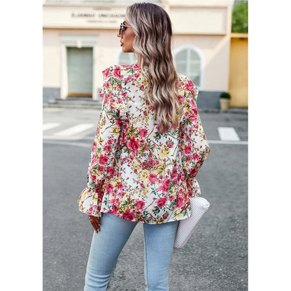 Crewneck Long Sleeves Floral Printed Casual Loose Blouse Top