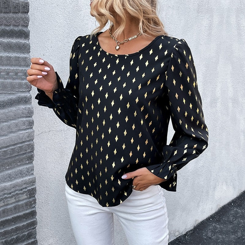 Long Sleeves Crewneck Printing Elegant Blouse Top