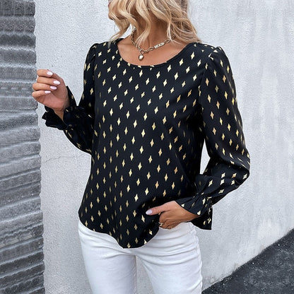 Long Sleeves Crewneck Printing Elegant Blouse Top