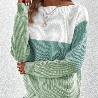 Knitted Sweater Color Block Round Neck Long Sleeve