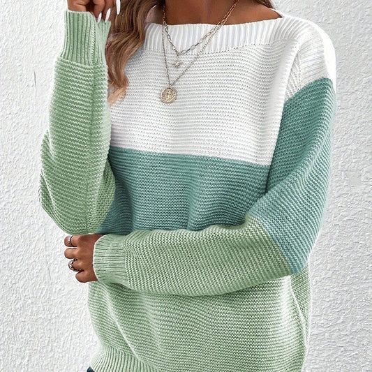 Knitted Sweater Color Block Round Neck Long Sleeve