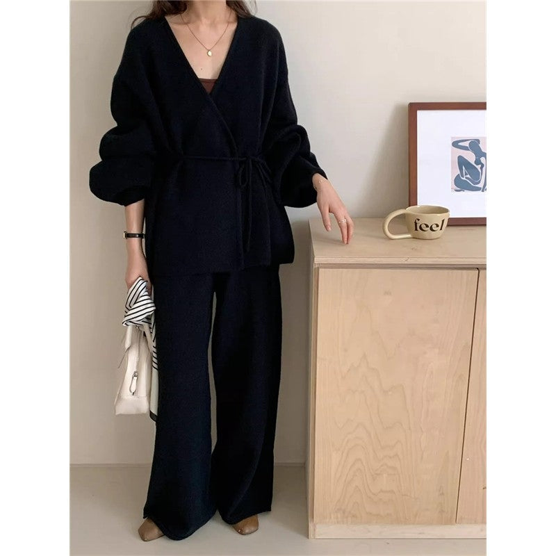 Knit Cardigan With Wide-Leg Pants Set American Retro Style Two-Piece
