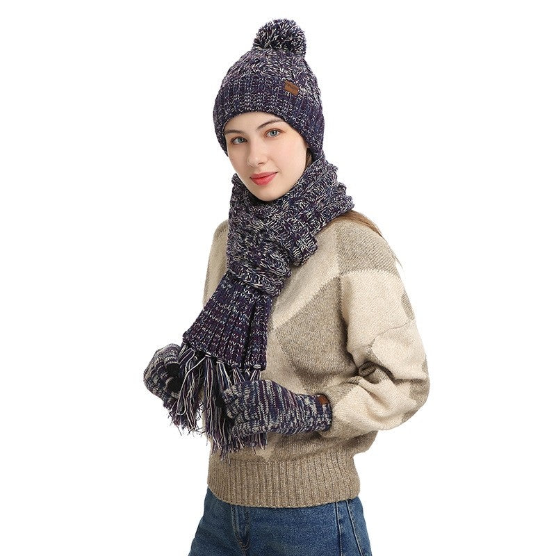 Three-Piece Set Of Color Hat Thick Scarf Touch Screen Gloves