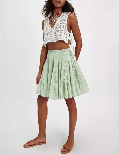 Solid Color Puffy String Midi Skirt