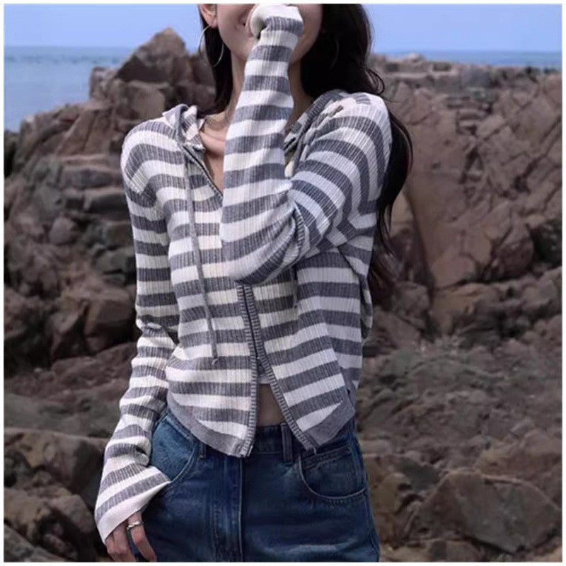 Women's Striped Hooded Knit Cardigan Sweater