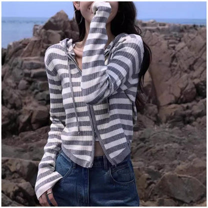 Women's Striped Hooded Knit Cardigan Sweater