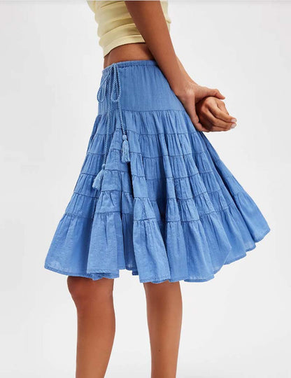 Solid Color Puffy String Midi Skirt