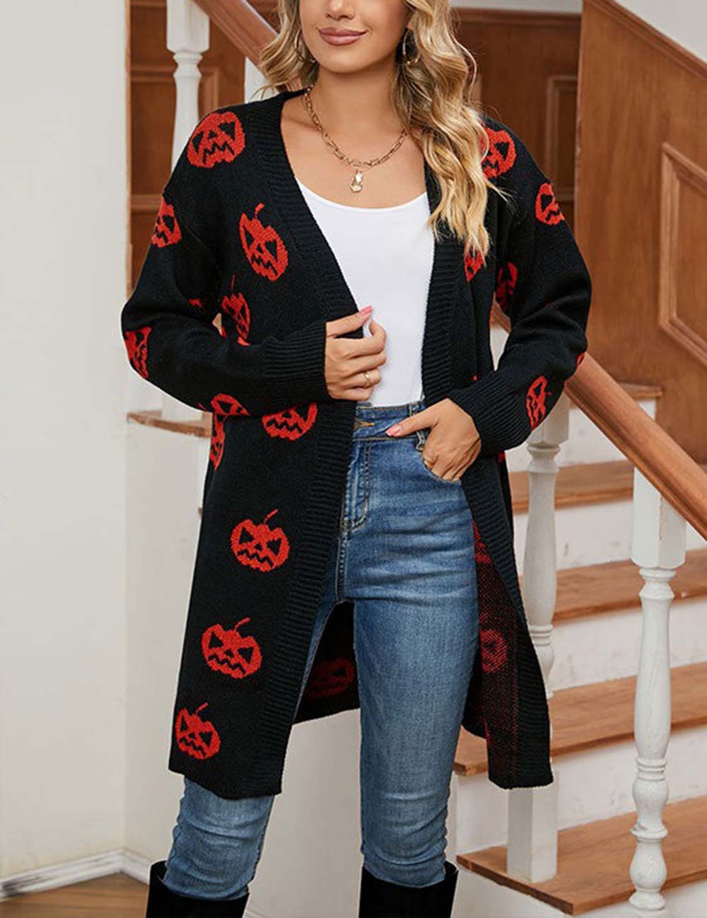 Halloween Pumpkin Long Knit Cardigan