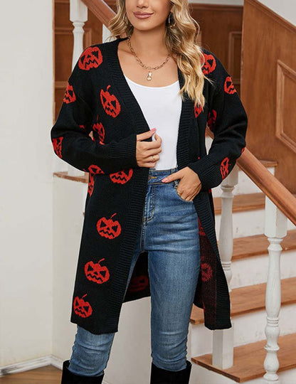 Halloween Pumpkin Long Knit Cardigan