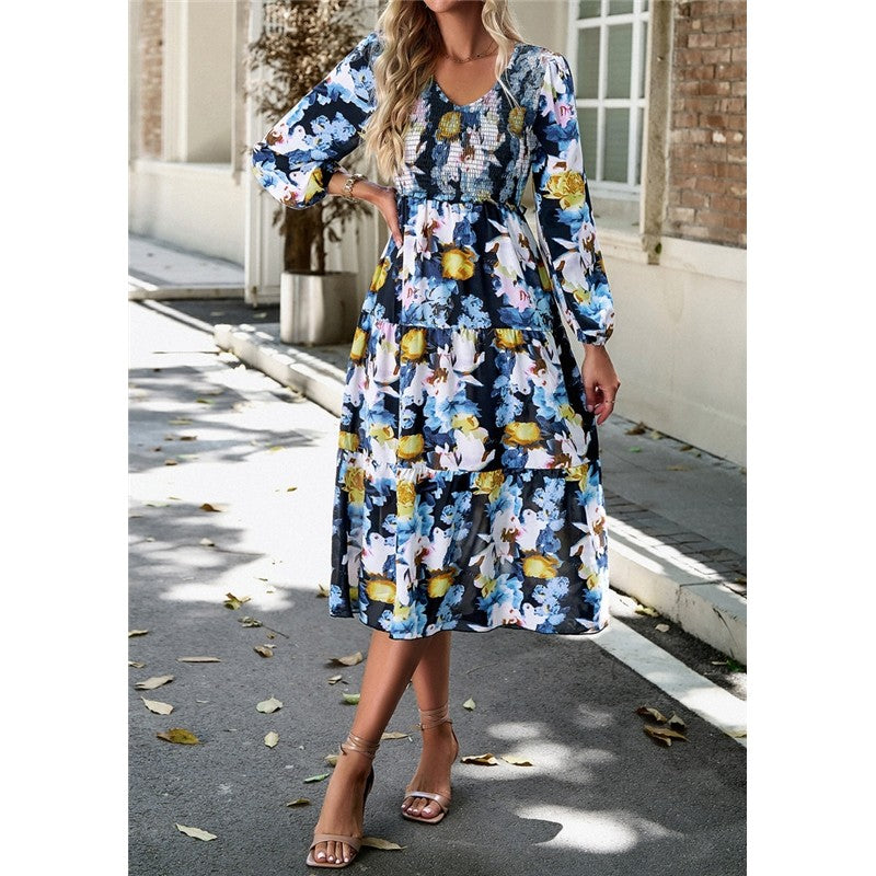 V Neck Print Nine Quarter Sleeve Dress