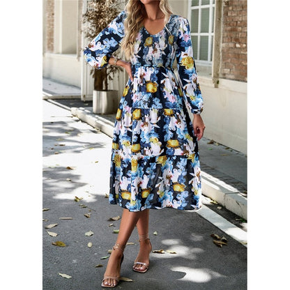 V Neck Print Nine Quarter Sleeve Dress