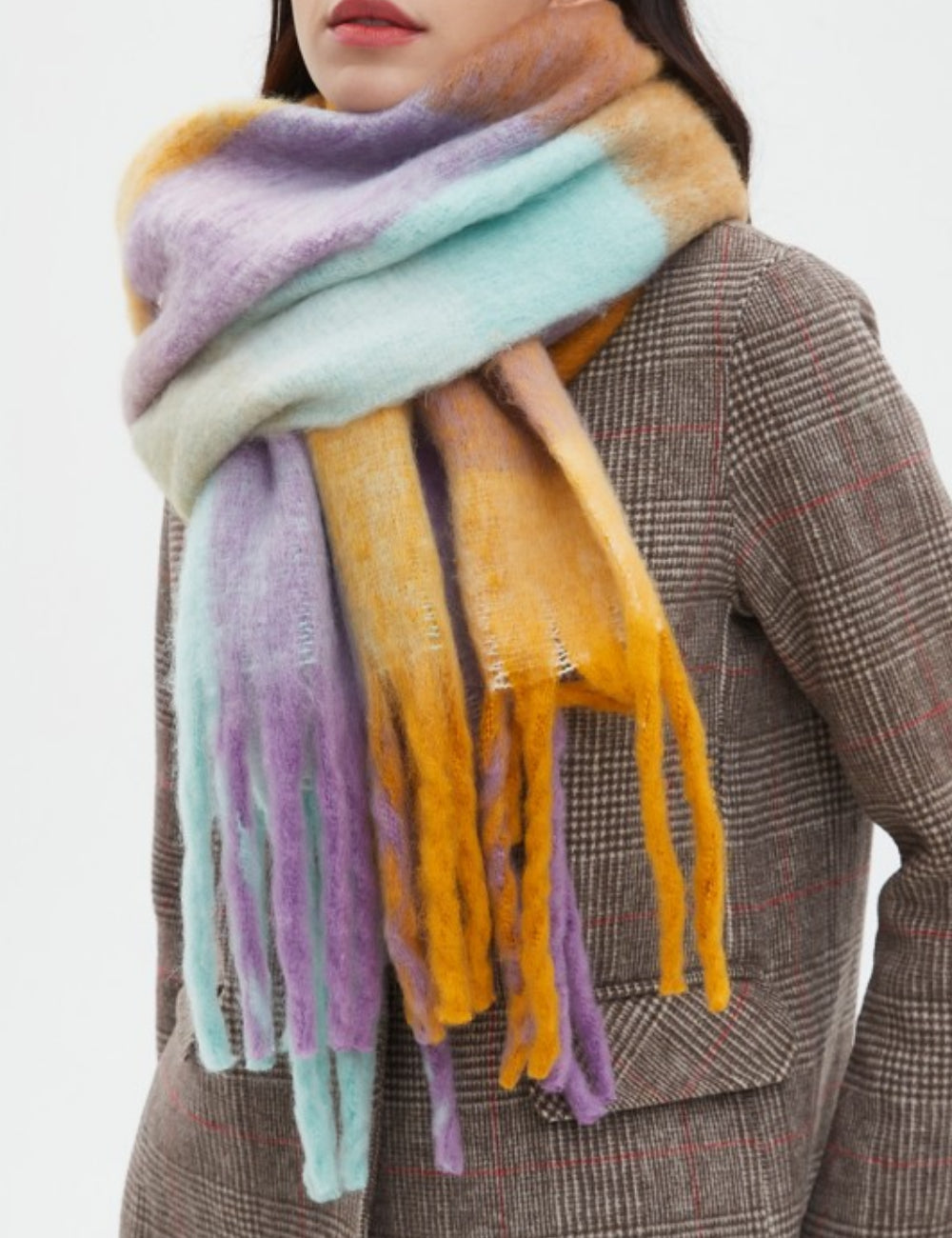 Contrast Color Plaid Tassel Scarves